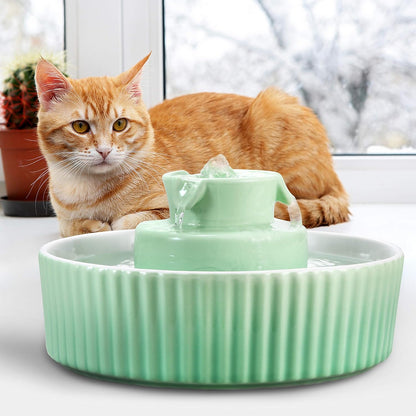 Ceramic Cat Water Fountain - 2.1L/71Oz Cupcake Design for Indoor Cats and Dogs with Dual Ultra Quiet Pumps (Green)