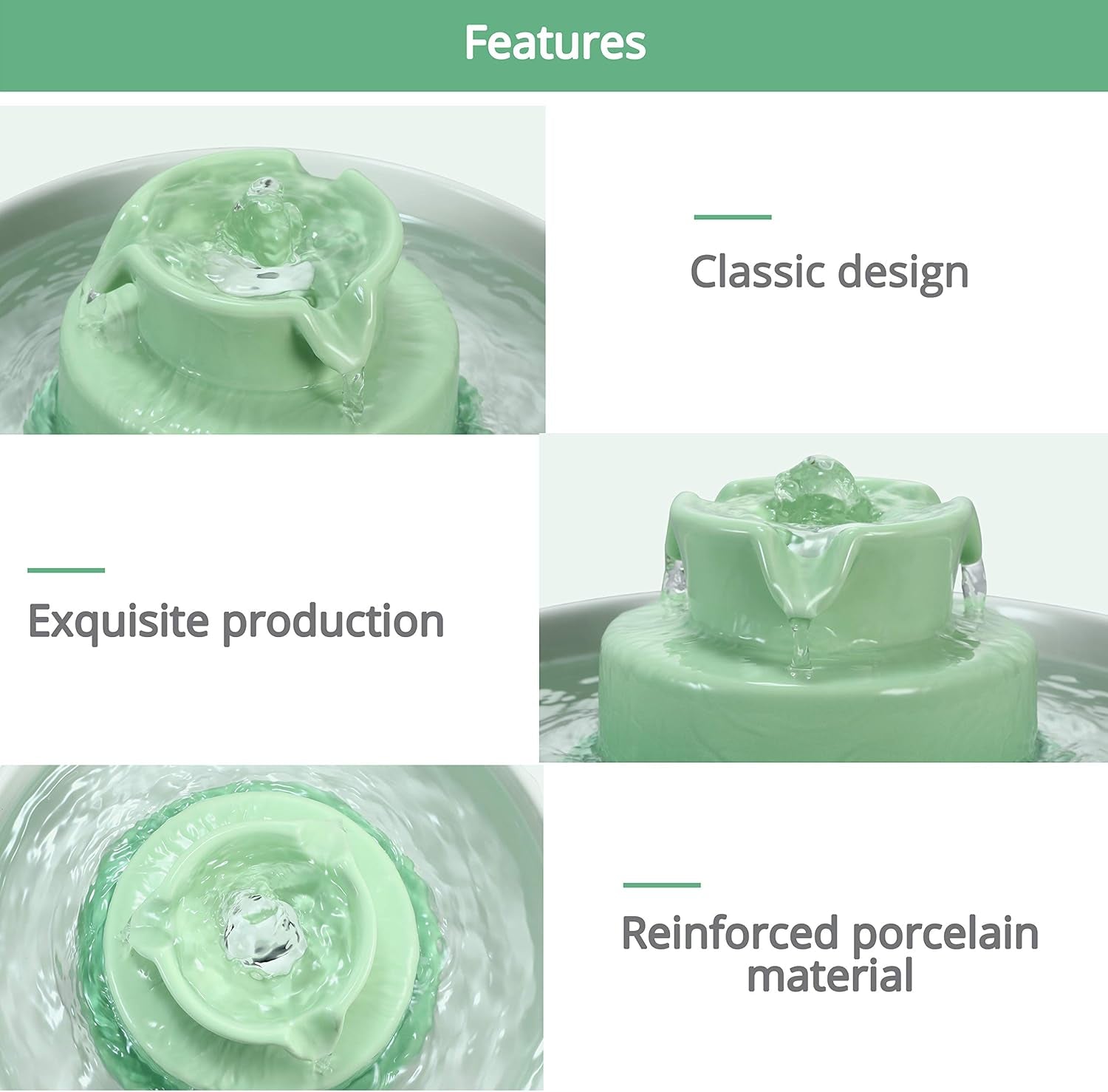 Ceramic Cat Water Fountain - 2.1L/71Oz Cupcake Design for Indoor Cats and Dogs with Dual Ultra Quiet Pumps (Green)