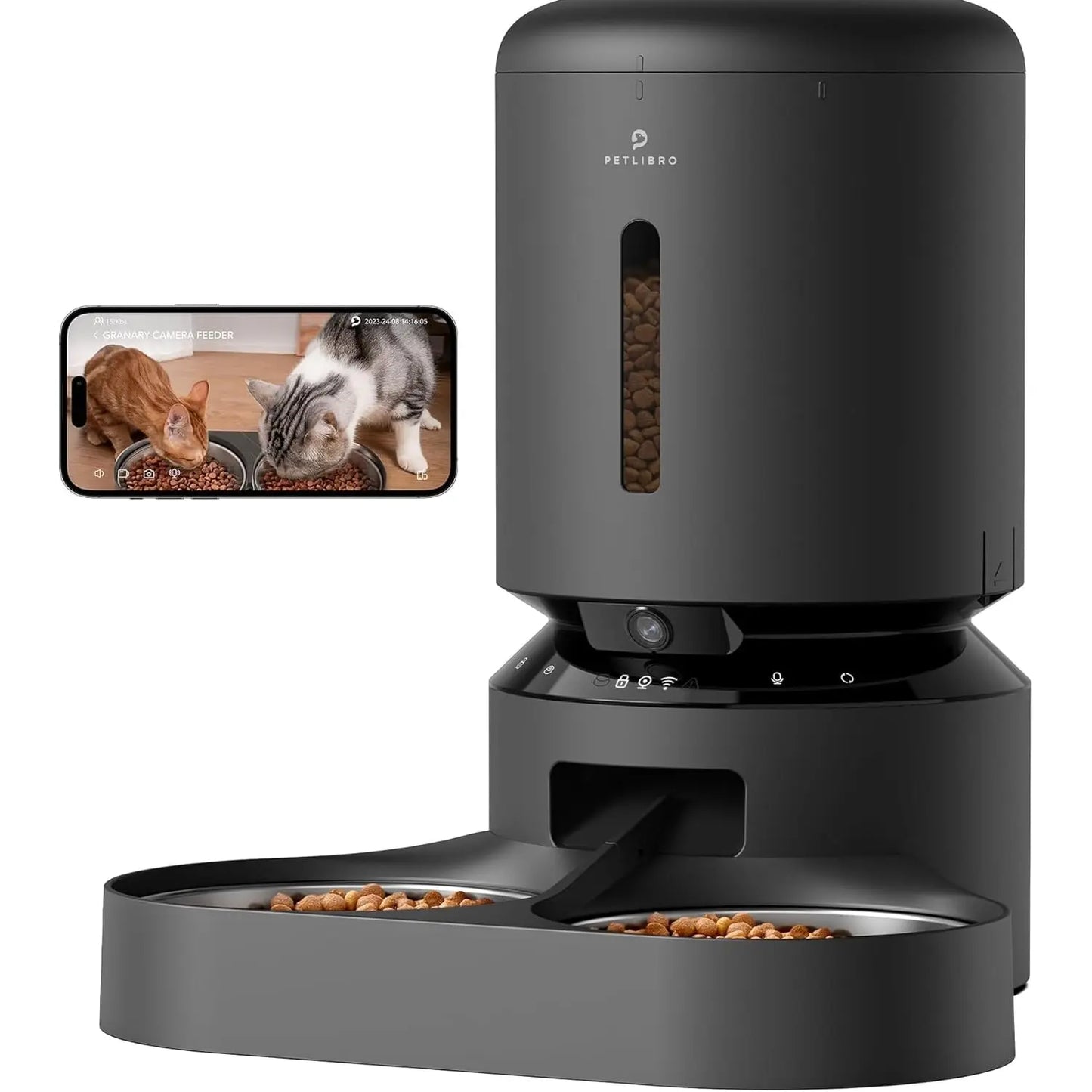 Automatic Cat Feeder with Camera for Two Cats, 1080P HD Video with Night Vision, 5G Wifi Pet Feeder with 2-Way Audio for Cat & Dog, Low Food & Motion & Sound Alerts, Dual Tray, Black 5L PETLIBRO