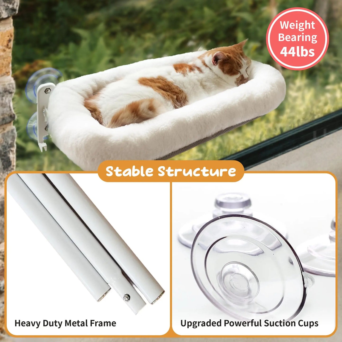 Folding Cat Hammock for Windows - Cordless, Machine Washable Bed with Sturdy Metal Frame and Strong Suction Cups, Ideal Perch for Cats and Small Dogs