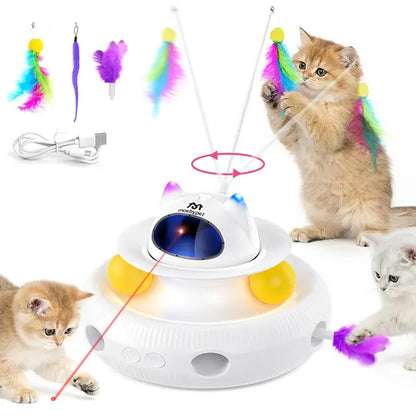 5-in-1 Interactive Cat Toy: Light Pointer and Rotating Feather Teaser for Engaging Indoor Play