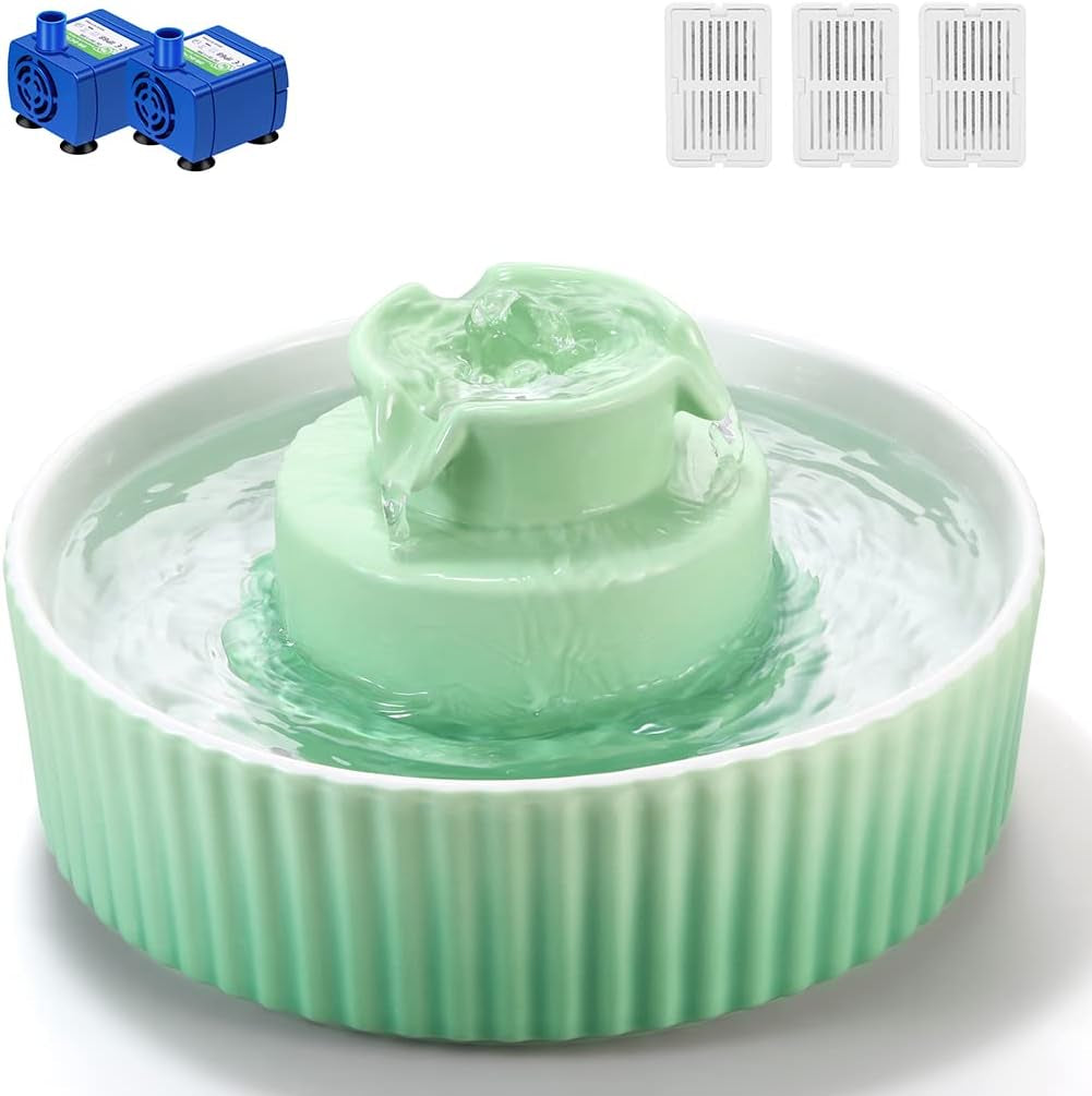 Ceramic Cat Water Fountain - 2.1L/71Oz Cupcake Design for Indoor Cats and Dogs with Dual Ultra Quiet Pumps (Green)